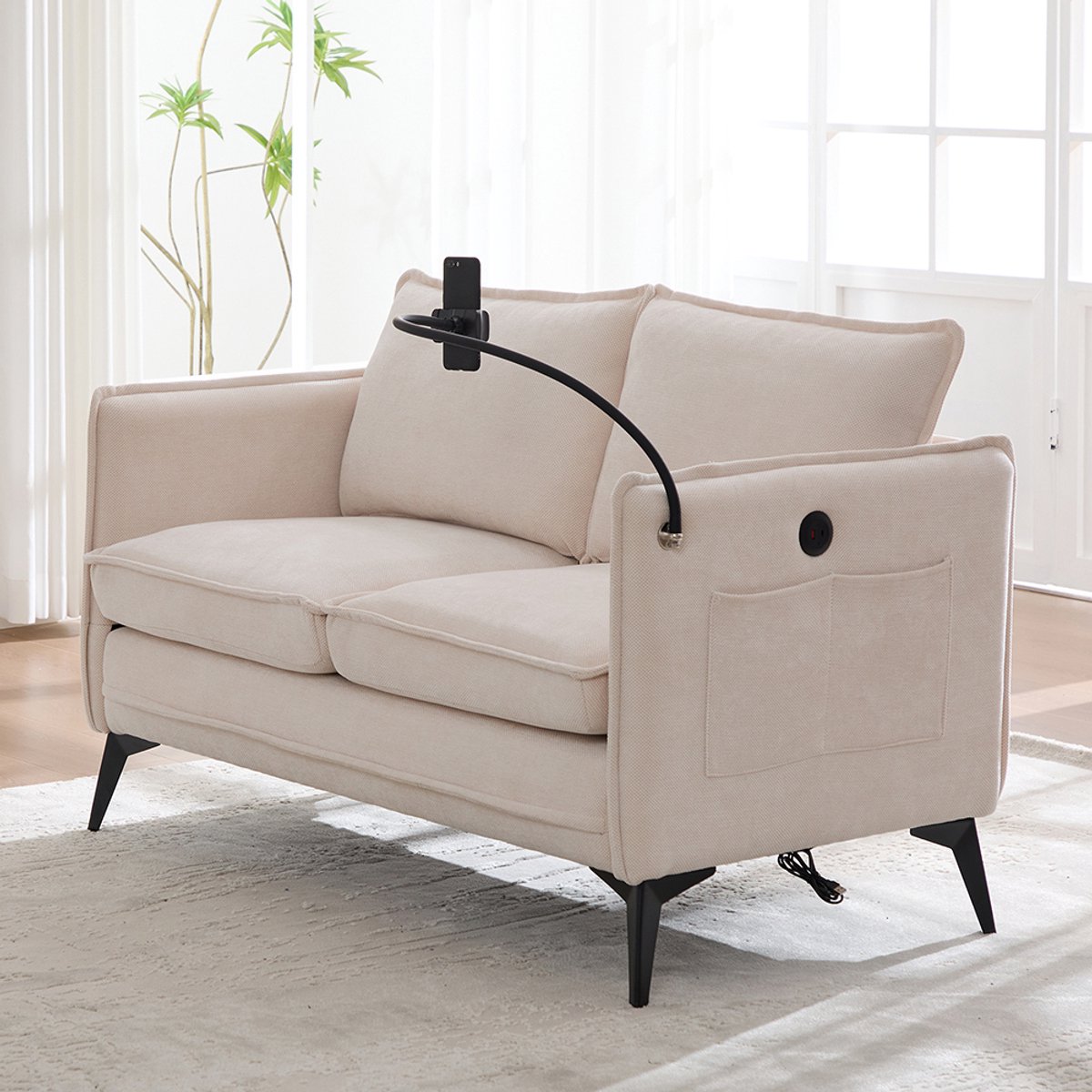 BLACKCOLORS Moderne tweezitsbank Kleine stoffen bank Fauteuil met opbergruimte Zijvak + verstelbare houder voor mobiele telefoon Geschikt voor de woonkamer/slaapkamer/het balkon