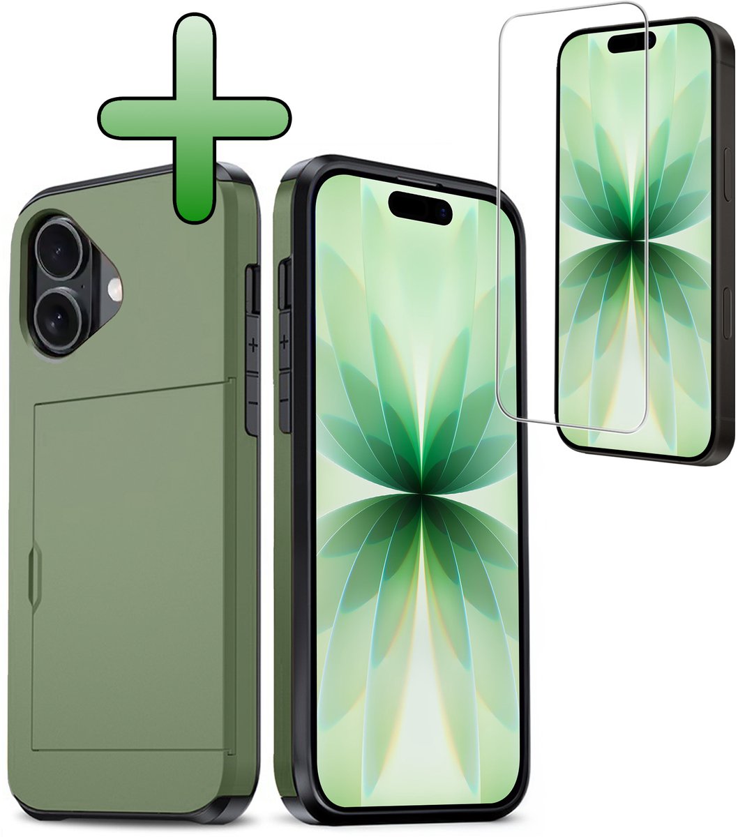 Hoes Geschikt voor iPhone 17 Hoesje Hard Case Met Pas Houder Met Screenprotector - Hoesje Geschikt voor iPhone 17 Hoes Shockproof Hard Cover Met Kaarthouder - Donkergroen