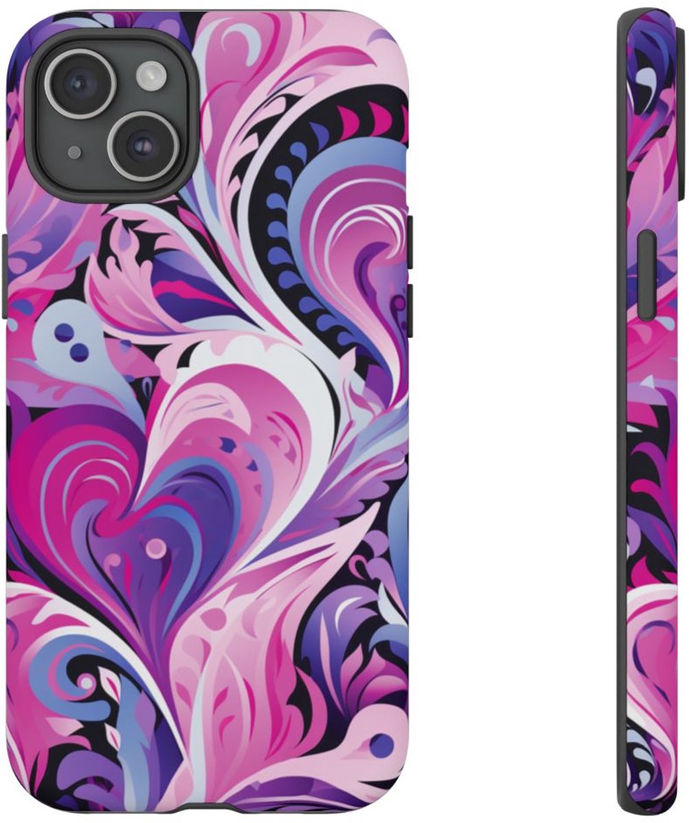 Roze en Paarse Hartjeswerveling – Telefoonhoesje Geschikt voor iPhone 15 Plus
