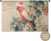 Wandkleed 120x80 cm - Wanddoek Roze kuifkaketoe - Tak met vruchten - Bladeren - Wandtapijt - Wandkleden