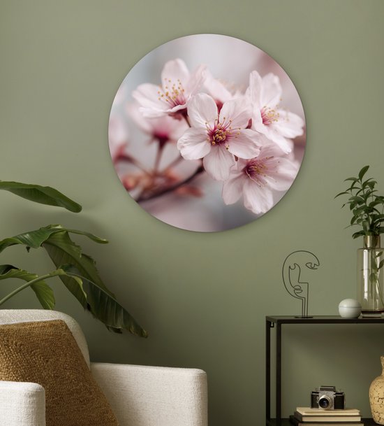 WallCircle® Wandcirkel 60x60 cm - Muurcirkel Bloesems - Meeldraden - Geel - Wazig - Muurdecoratie woonkamer - Wanddecoratie slaapkamer - Kamer decoratie accessoires - Ronde schilderijen
