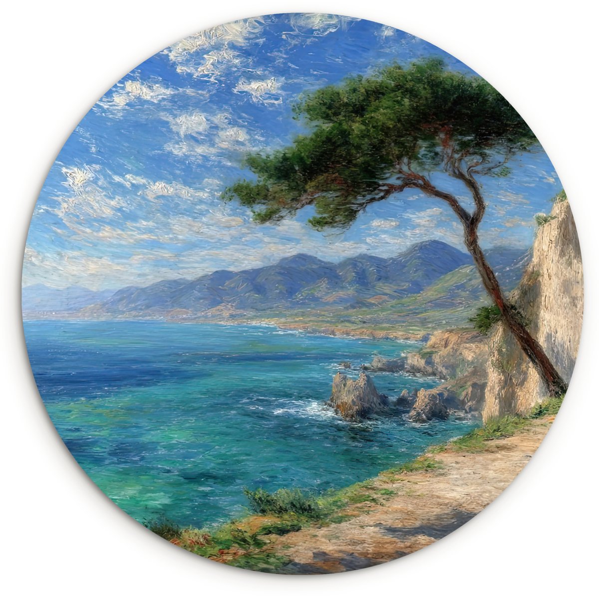 WallCircle Wandcirkel 150x150 cm - Muurcirkel Rotsen - Kustlijn - Boom - Bergen - Muurdecoratie woonkamer - Wanddecoratie slaapkamer - Kamer decoratie accessoires - Ronde schilderijen