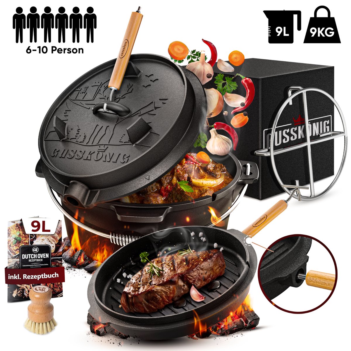 GUSSKÖNIG Ingebrande Dutch Oven Set met voetjes, incl. dekselheffer, borstel & receptenboek - dutch oven gietijzer