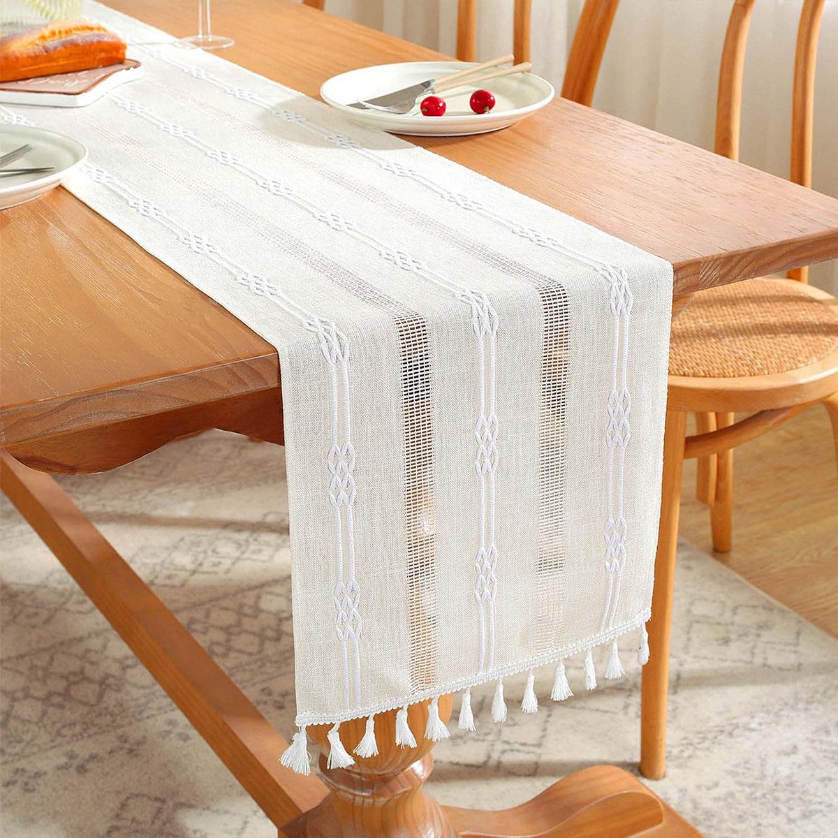 Farmhouse Tafelloper Linnen Katoen – Rustieke Tafelloper met Uitsnede & Franjes – 33x180 cm – Rechthoekig – Eettafel Decoratie voor 4-6 Personen – Binnen & Buiten – Ivoor - ANMI