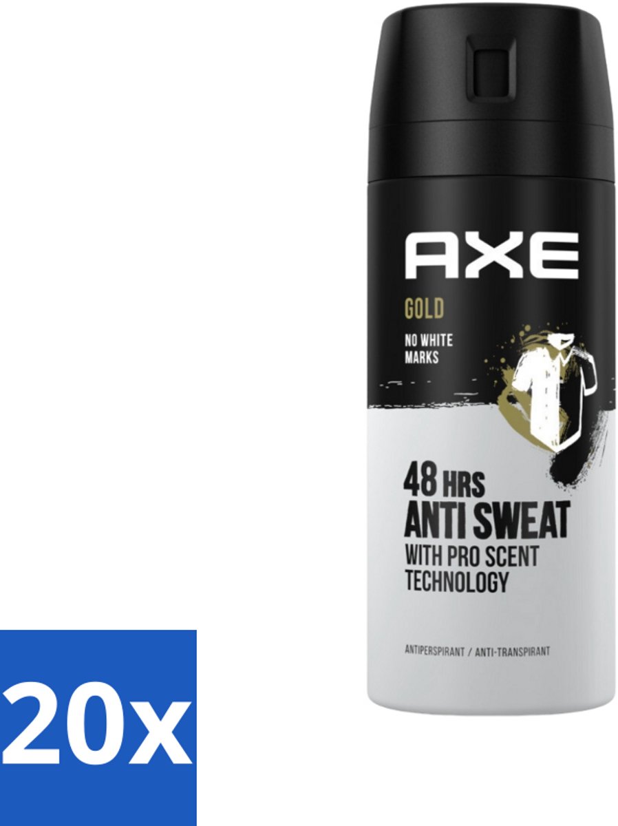 20 x Axe - Deodorant Spray - 72hrs Anti Sweat - Anti White Marks - Gold - 150 ml - Anti Transpirant Spray - 72 Uur Bescherming - Zweetvoorkomend - Witte Strepen Voorkomen - Oud Wood Geur