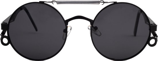 KIMU Steampunk Zonnebril Rond - Zwart Montuur Kunststof - Zwarte Glazen - Zonnebril Bril Retro Heren Dames Cirkels Professor Carnaval van KIMU — afbeelding 3