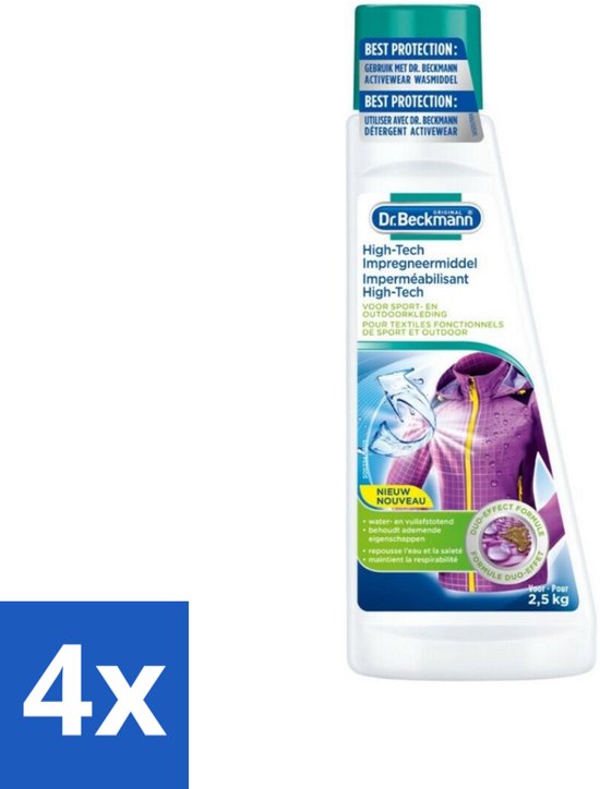 4 x Dr. Beckmann - High Tech Impregneermiddel - Sport- & Outdoorkleding - Witte en Gekleurde Was - 2.5 KG - Sportkleding Impregneren - Outdoor Kleding Impregneren - Waterafstotend Middel - Vuilafstotend Middel - Kleding Beschermen