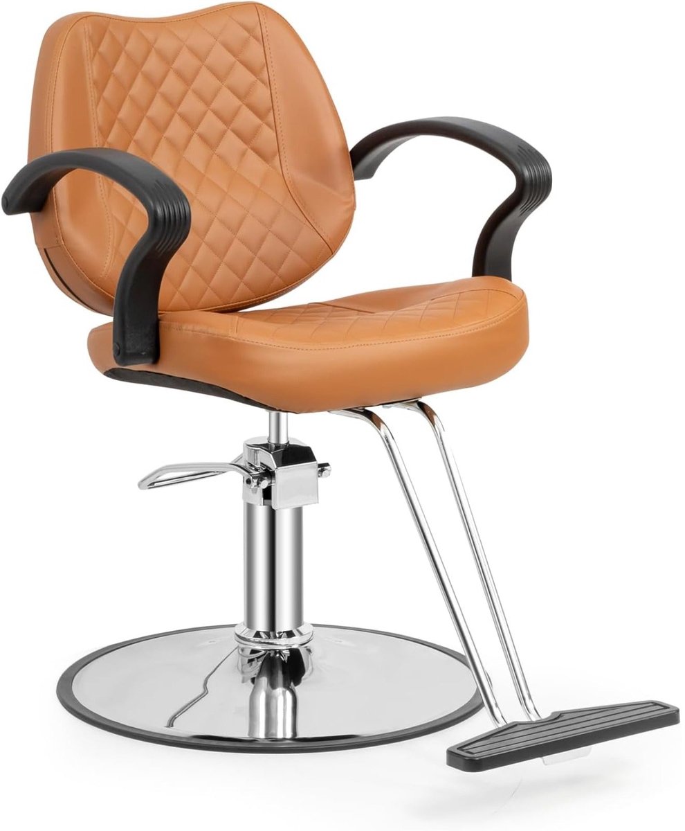 Kappersstoel – Barberstoel – Hairstylingstoel – Beautystoel – Salonstoel – Verstelbare Hoogte 15 cm – 360° Draaibaar Met Voetsteun – Bruin PVC-leer – 150 kg Belastbaar – 101x85x61 cm