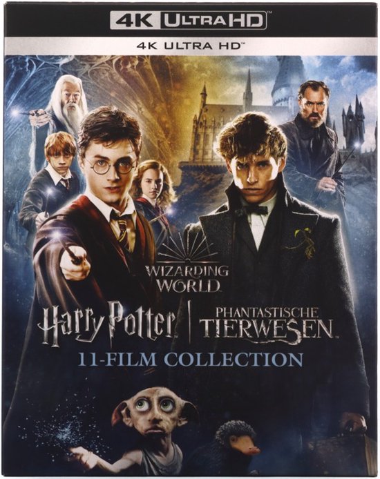 De voorkant van de 11-film Wizarding World collectie met Harry Potter en Fantastic Beasts personages.