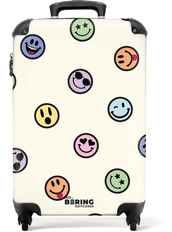 NoBoringSuitcases.com - Valise - Différents smileys sur fond beige - Dimensions : 55 x 40 x 20 cm et 55 x 35 x 25 cm - Valise à roulettes pour adulte - Valise de voyage à roulettes - Valise à roulettes légère
