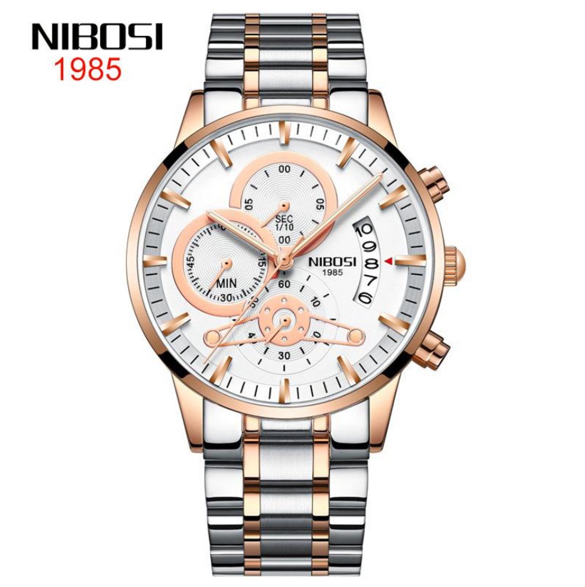 NIBOSI Horloge 2309 - Zilverkleurig-Bronskleurig-Wit - Heren - Quartz - Chronograaf - Stalen Band - Luxe en Modern