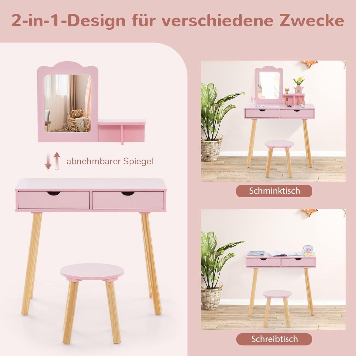 Costway Kaptafel & Bureau voor meisje 3-7 jaar - Roze met spiegel en 2 laden — afbeelding 5