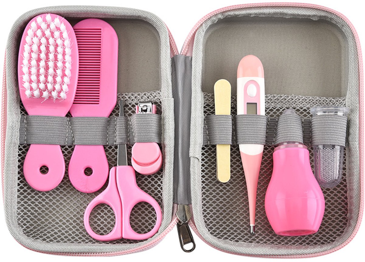 Image of 8 Delig Baby Verzorgingsset - Kam Borstel - Nagelschaar Vijl - Thermometer - Roze