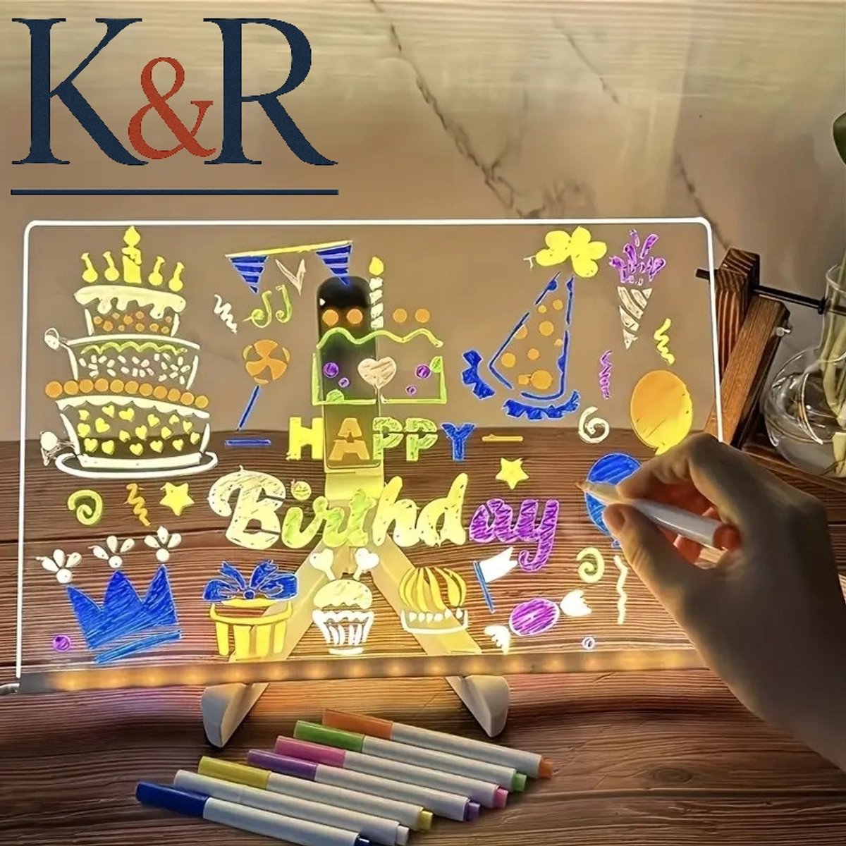 K&R Ventures® Luxe Acryl LED Lamp Tekenbord – 20x30 cm (A4) – USB Oplaadbaar Memobord & Notitiebord met 7 Kleurmarkers – Verlicht Schrijfbord & Nachtlamp - Acrylbord