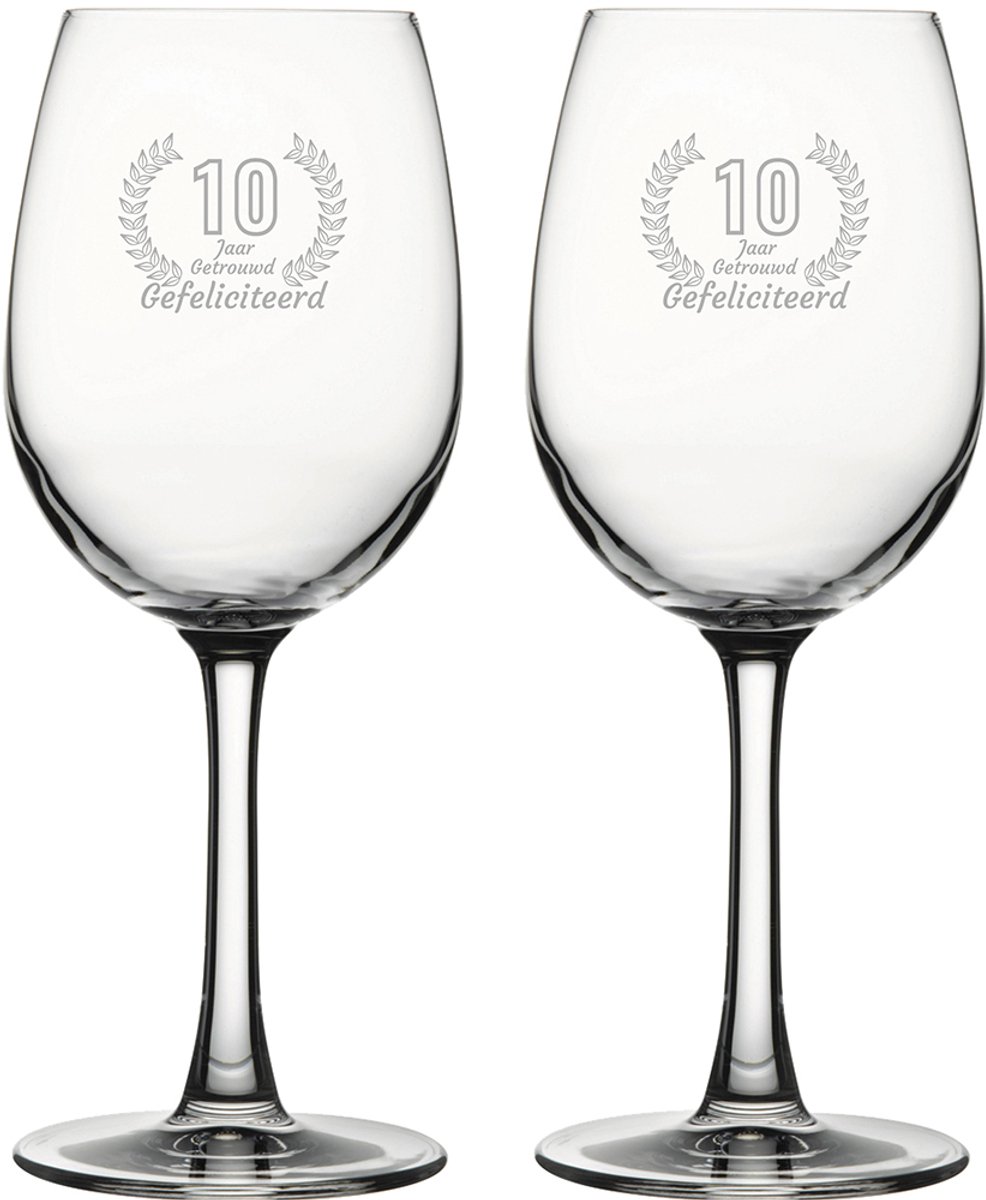 Gegraveerde set witte wijnglazen 36cl Gefeliciteerd 10 jaar getrouwd