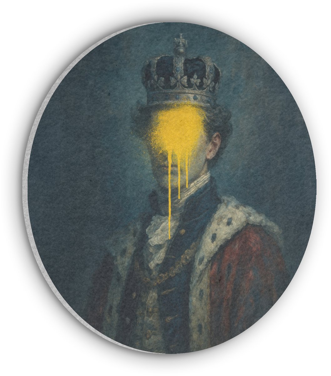 Akoestisch wandpaneel rond 50x50 cm - Vilt schilderij Koning - Portret - Druipende gele verf - Ronde akoestische panelen - Geluidsdempende wanddecoratie - Geluidsisolatie wandcirkel - Muurdecoratie geluidspanelen