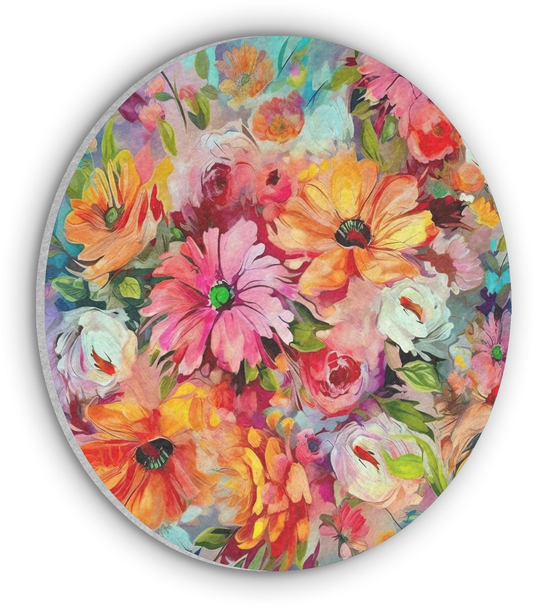 Akoestisch wandpaneel rond 60x60 cm - Vilt schilderij Bloemen - Kleurrijk - Kunst - Olieverf - Ronde akoestische panelen - Geluidsdempende wanddecoratie - Geluidsisolatie wandcirkel - Muurdecoratie geluidspanelen