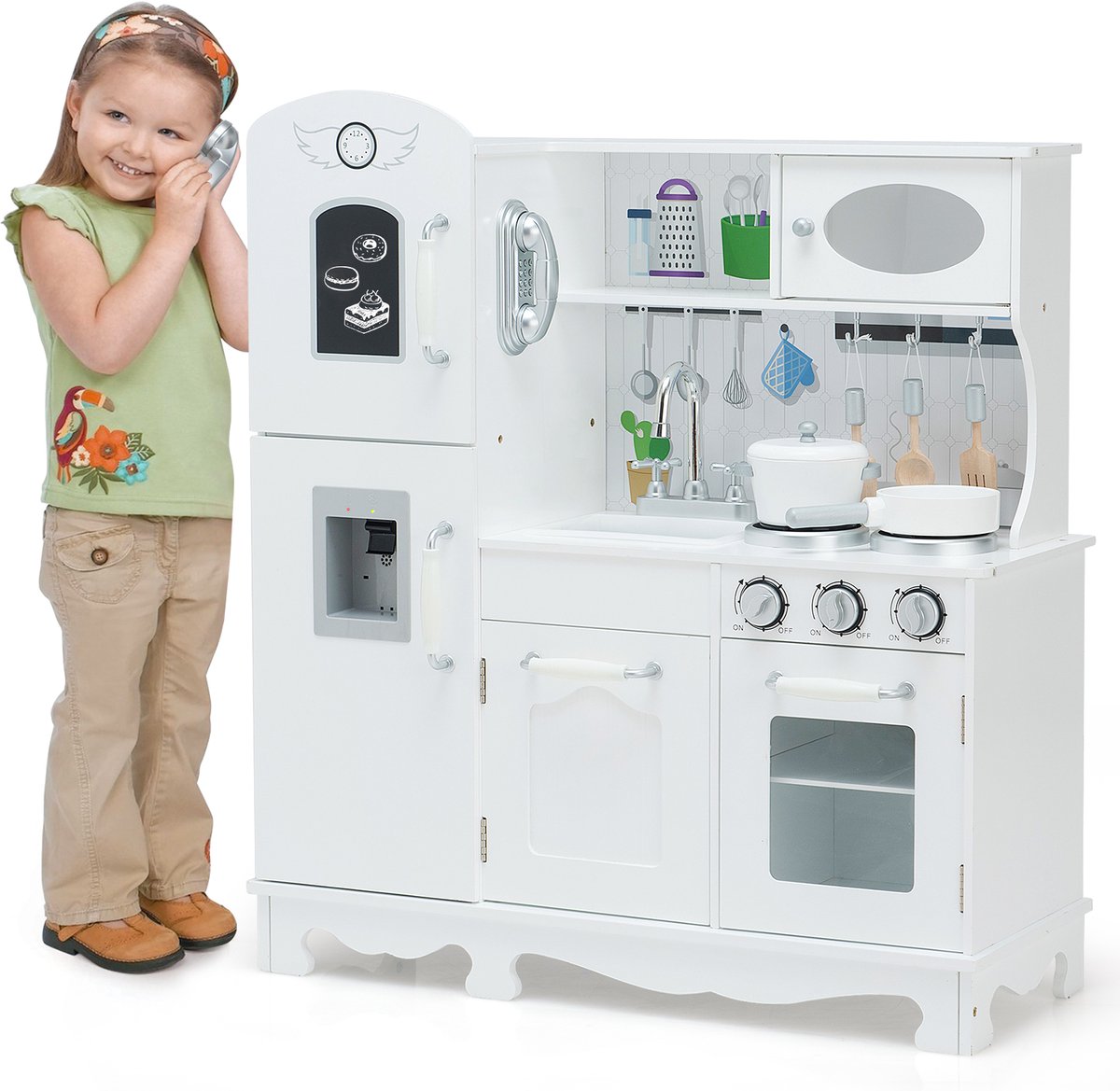 COSTWAY Kinderkeuken met realistisch licht & geluid, houten speelkeuken met koelkast, incl. speelaccessoires, voor kinderen vanaf 3 jaar, wit, 79 x 30 x 88,5 cm