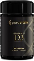 Zwarte pot met gouden tekst: Purovitalis Liposomal D3, 60 Capsules, 50 MCG | 2000 IU.