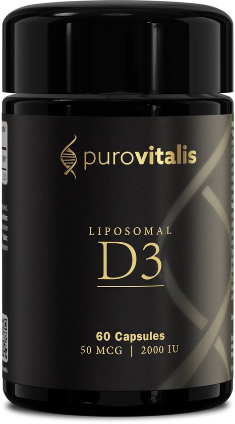 Zwarte pot met gouden tekst: Purovitalis Liposomal D3, 60 Capsules, 50 MCG | 2000 IU.