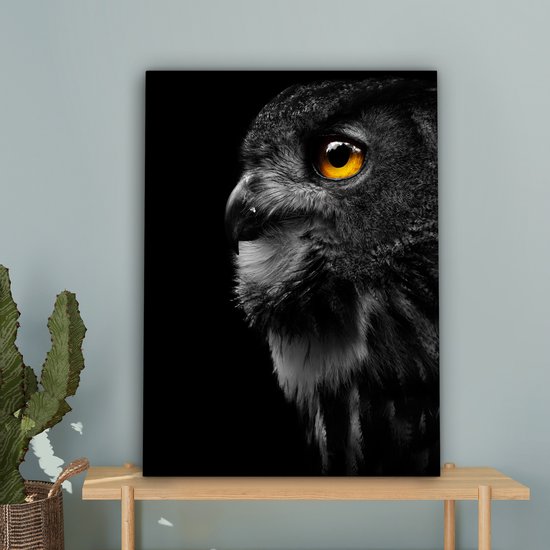 Peinture sur toile - Hibou - Vogel - Zwart - Peintures sur toile - Toile animaux - Toile canvas - 60x80 cm - Décoration murale - Salon