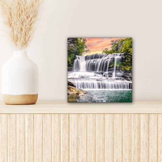 Peinture sur toile - Cascade - Arbre - Plantes - Rocher - Peintures salon - Chambre - Tableaux sur toile nature - Décoration murale - 20x20 cm