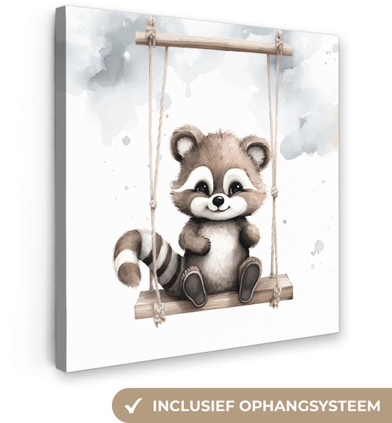 Canvas schilderij 20x20 cm - Wanddecoratie kinderkamer Wasbeer - Dier - Kinderen - Muurdecoratie babykamer - Kamer decoratie voor jongens en meisjes - Baby accessoires - Schilderijen