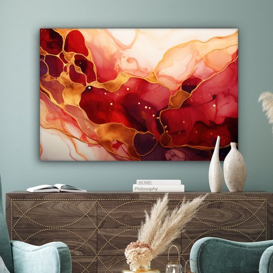 Tableau sur toile Marbre - Rouge - Or - Moderne - Abstrait - 120x80 cm - Décoration murale