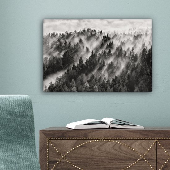 Peinture sur toile - Arbres - Brouillard - Forêt - Paysage - Peintures sur toile - 30x20 cm - Photo sur toile - Canvasdoek