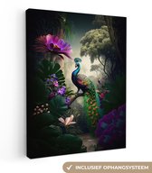 Canvas schilderij 60x80 cm - Wanddecoratie Pauw - Bloemen - Jungle - Regenboog - Veren - Muurdecoratie woonkamer - Slaapkamer decoratie - Kamer accessoires - Schilderijen op canvas