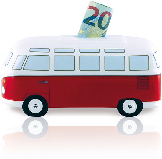 Rode en witte VW T1 Bulli spaarpot met een 20 eurobiljet erin. De spaarpot heeft een retro-look.
