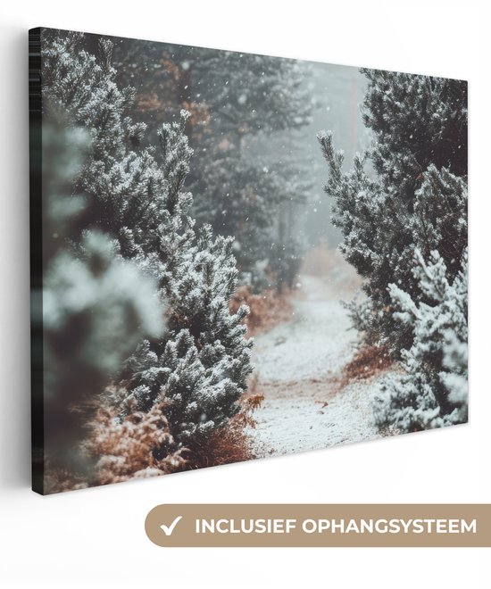 Canvas schilderij 80x60 cm - Wanddecoratie Bos - Winter - Bomen - Natuur - Pad - Sneeuw - Muurdecoratie woonkamer - Slaapkamer decoratie - Kamer accessoires - Schilderijen op canvas