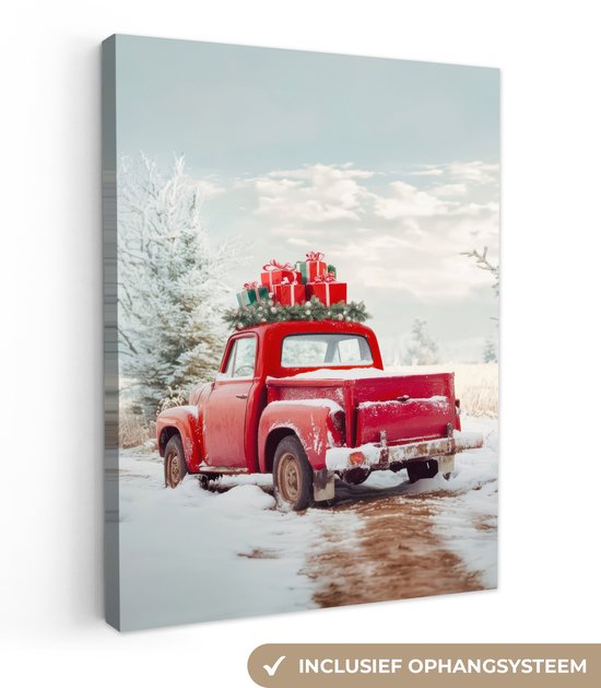 Canvas schilderij 60x80 cm - Wanddecoratie Auto - Rood - Cadeaus - Winter - Sneeuw - Kerst - Muurdecoratie woonkamer - Slaapkamer decoratie - Kamer accessoires - Schilderijen - Kerstdecoratie voor binnen - Kerstversiering - Kerstmis versiering