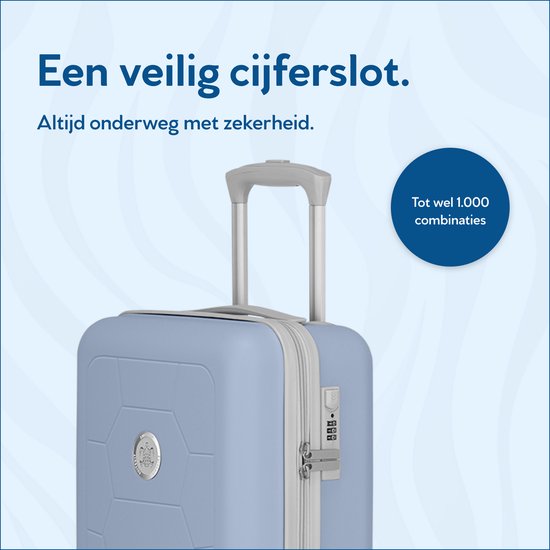 Lichtblauwe koffer met een grijs handvat en een cijferslot. "Tot wel 1.000 combinaties".