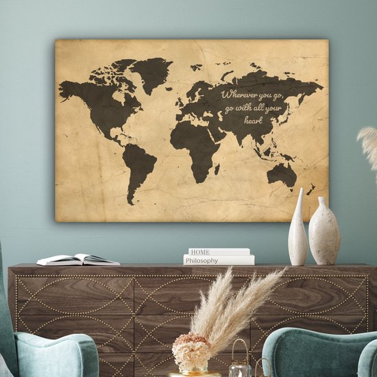 Peintures Toile Wereldkaart - Vintage - Citation - 150x100 cm - Décoration murale