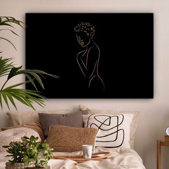 Toile Peinture Femme - Zwart - Or - Dessin au trait - Line cm - Décoration murale