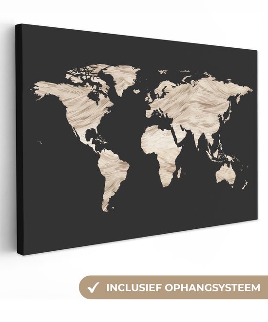 Peinture sur toile Cartes du monde - EB - Wereldkaart à rayures brunes sur fond sombre - 120x80 cm - Tirage photo sur toile (décoration murale salon / chambre)