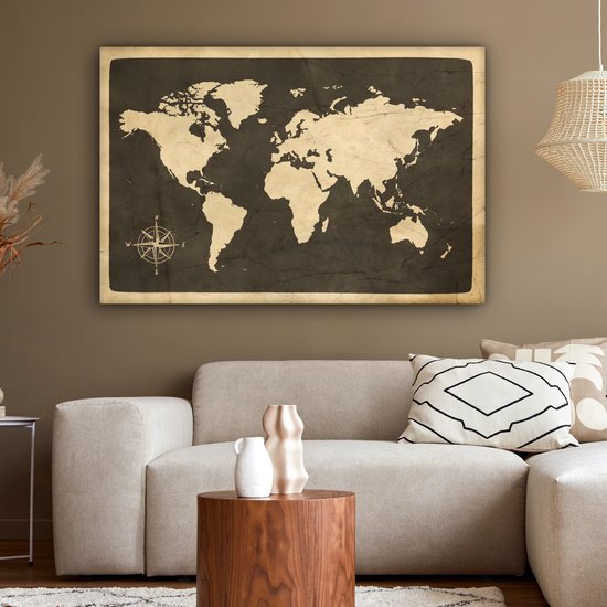 Peintures sur toile Wereldkaart - Rose des vents - Vintage - 150x100 cm - Décoration murale