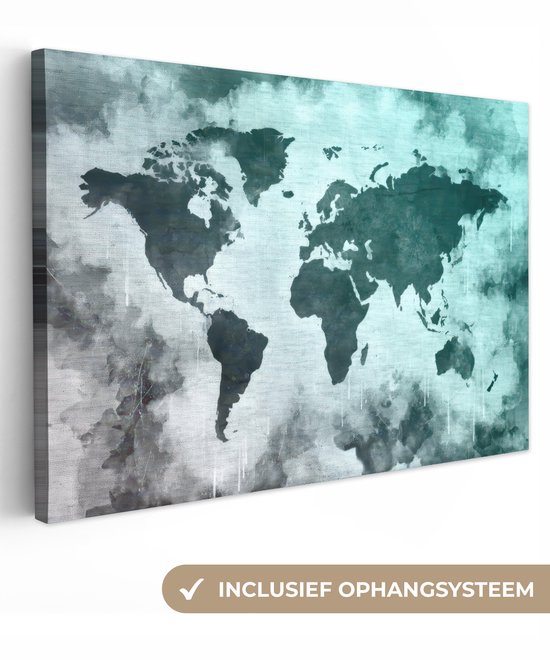 Wereldkaart avec de la peinture bleu clair et grise sur fond texturé