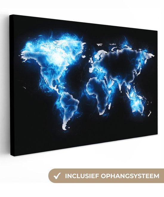 Wereldkaart en bleu électrique sur fond noir 30x20 cm