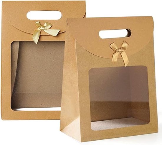 20 Kraft-papieren zakken - Cadeauzakken - Cadeauzakken met handvatten - Cadeauzakken met venster - Kraft-papier - Verpakkingszakken - Geschikt voor het verpakken van snoep, chocolade, koekjes en cadeaus - Kerstmis