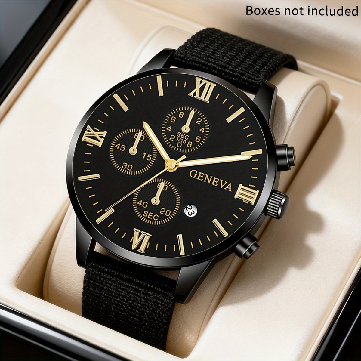 Sjika - Zwart Goud Herenhorloge - Luxe Chronograaf Look - Nylon Band - Business Casual - Geneva Style Watch - Cadeau voor hem