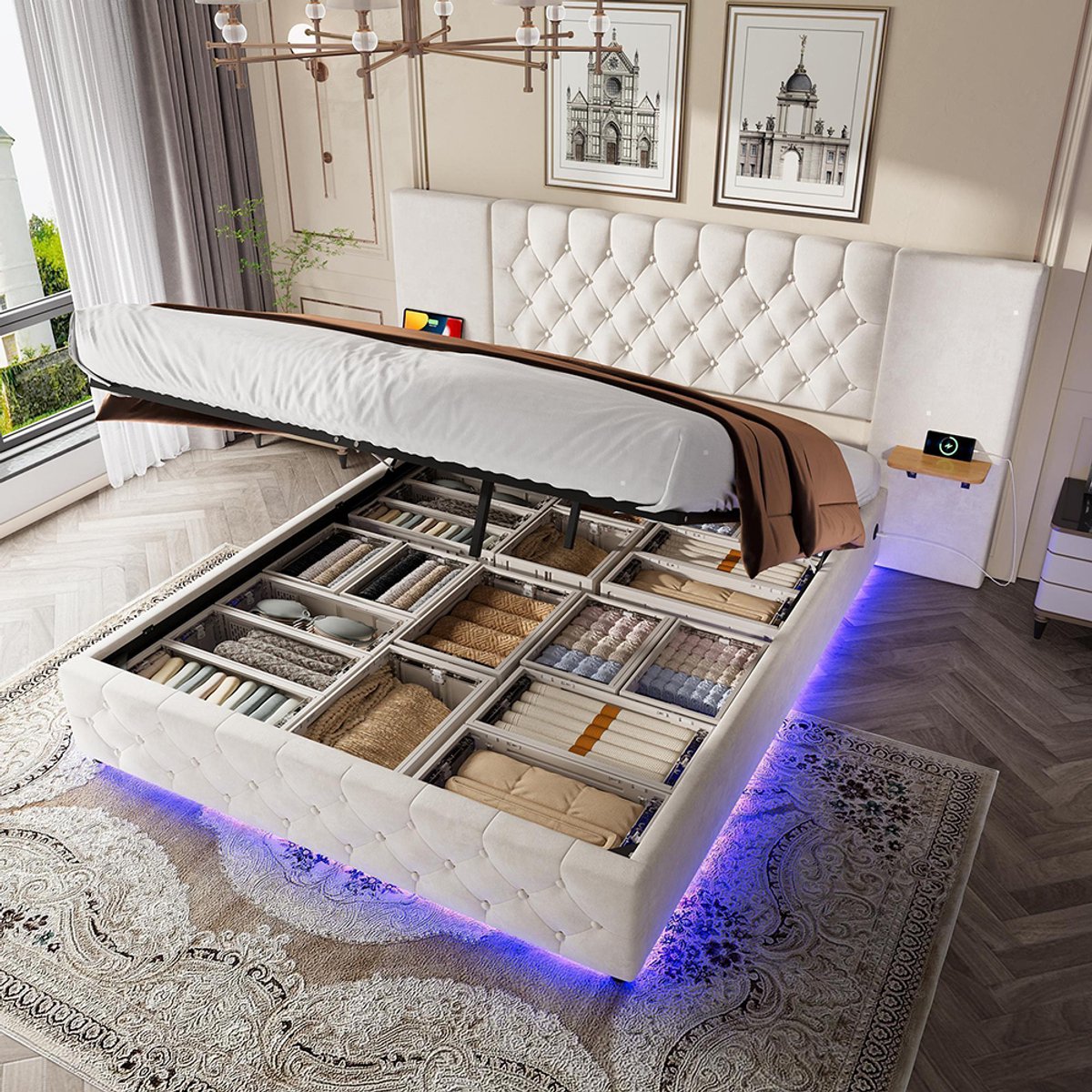 Pugsdrly 160 x 200 cm bedframe met breed hoofdeinde, led-verlichting, USB-aansluiting, hydraulisch hefsysteem en grote opbergruimte onder het bed – ideaal voor slaapkamers en comfortabel slapen