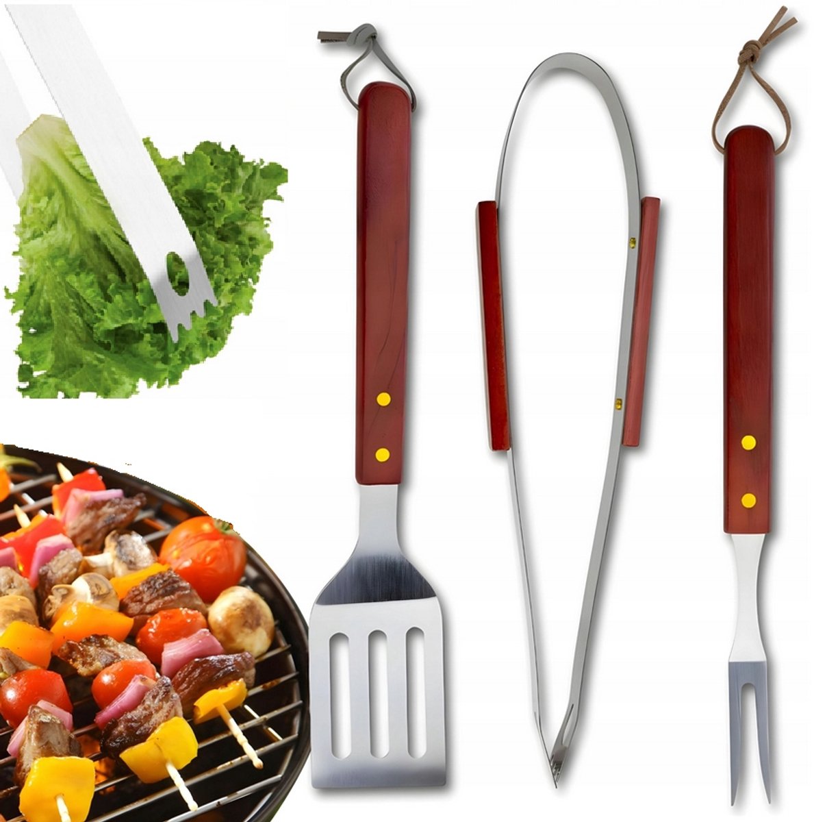 BBQ Grill Gereedschap Set: Tang, Spatel, Vork - 3 Delig