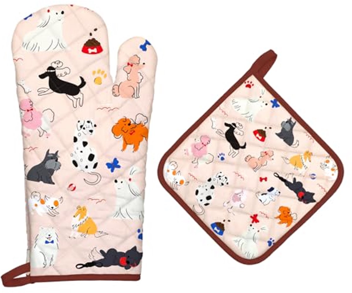 Honden ovenwanten en pannenlappen set - 100% katoen, hittebestendig, extra lange keukenhandschoenen