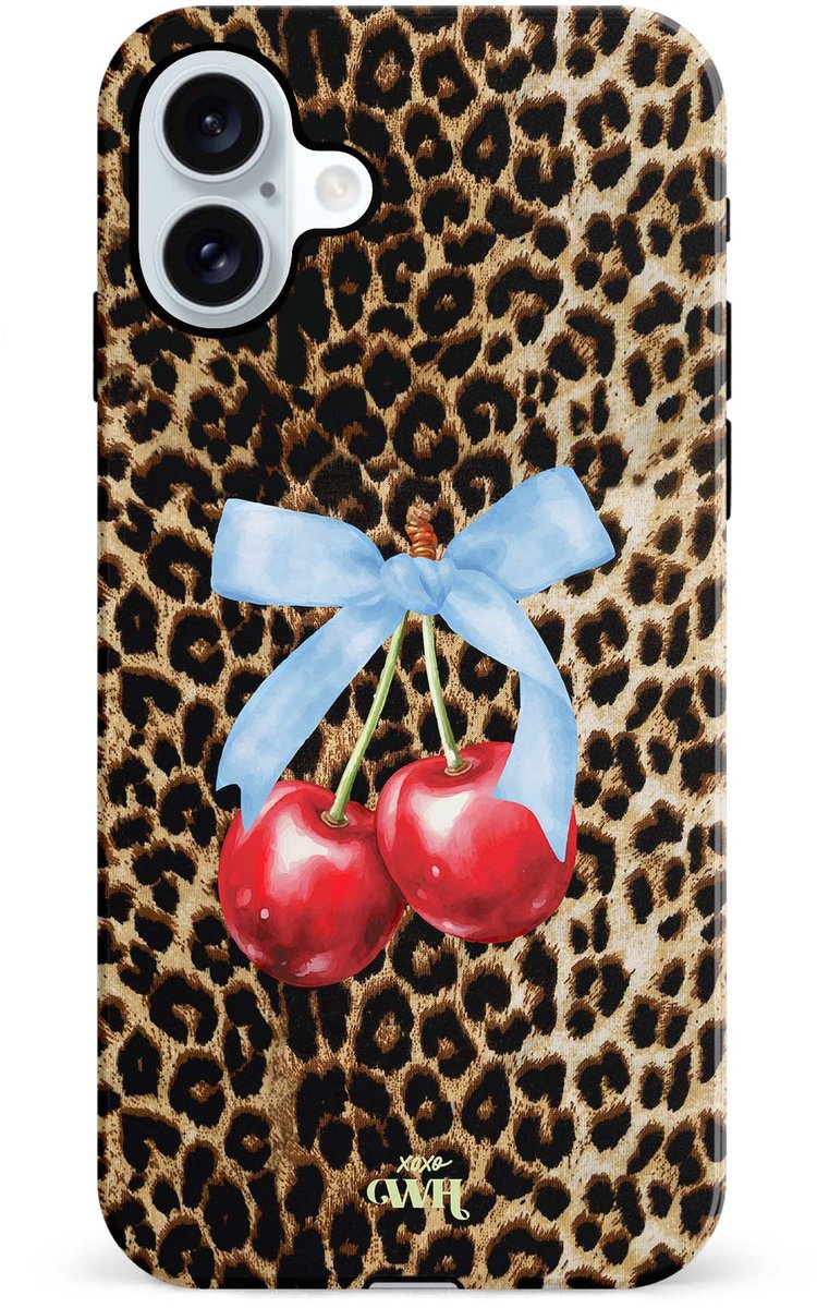 xoxo Wildhearts Cherry Wild - Double Layer - Hard case geschikt voor iPhone 17 hoesje - Dubbele beschermlaag - Beschermhoes shockproof case - Tijgerprint / Luipaardprint - Kers print - Dierenprint hoesje - Kersen Panterprint