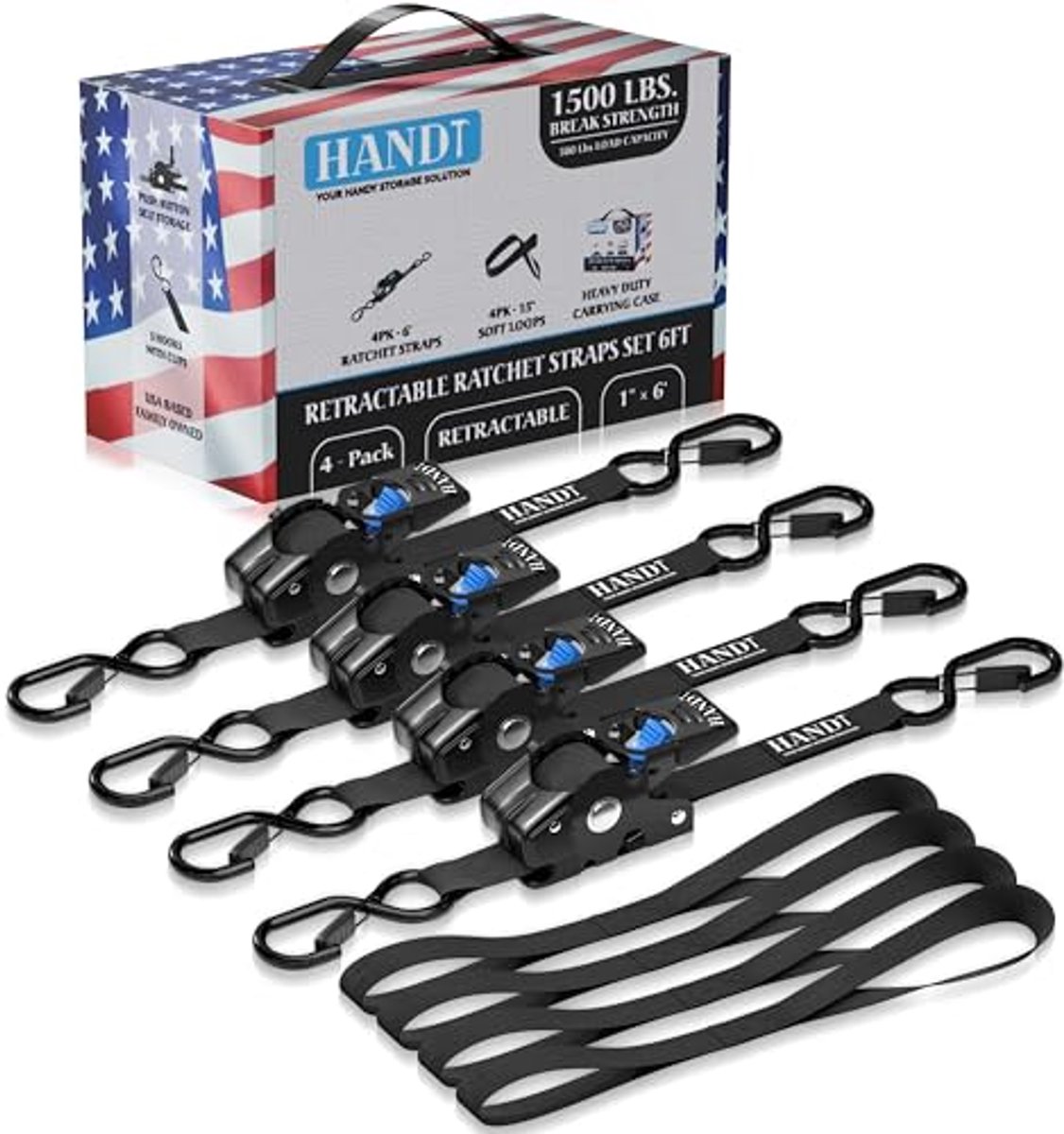 Retractable Ratchet Straps 1" x 6ft - Heavy Duty Tie Down with Automatic Self Ratcheting - 4 Pack