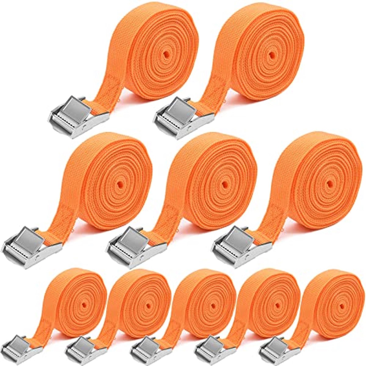 Pack van 10 sterke lashing straps 25 mm x 4 m met 250 kg laadvermogen, veelzijdige fixatiebanden voor motorfietsen en fietsen