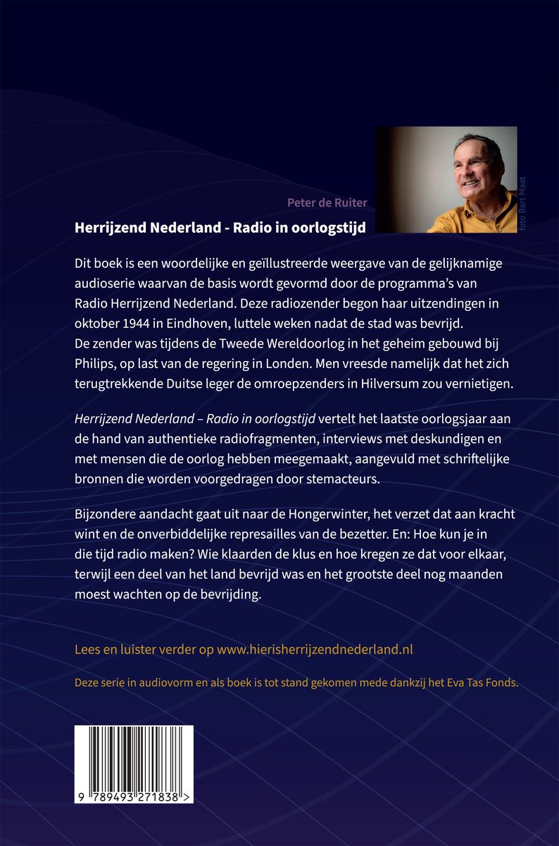 Boekomslag met een portret van Peter de Ruiter en tekst over Herrijzend Nederland - Radio in oorlogstijd.