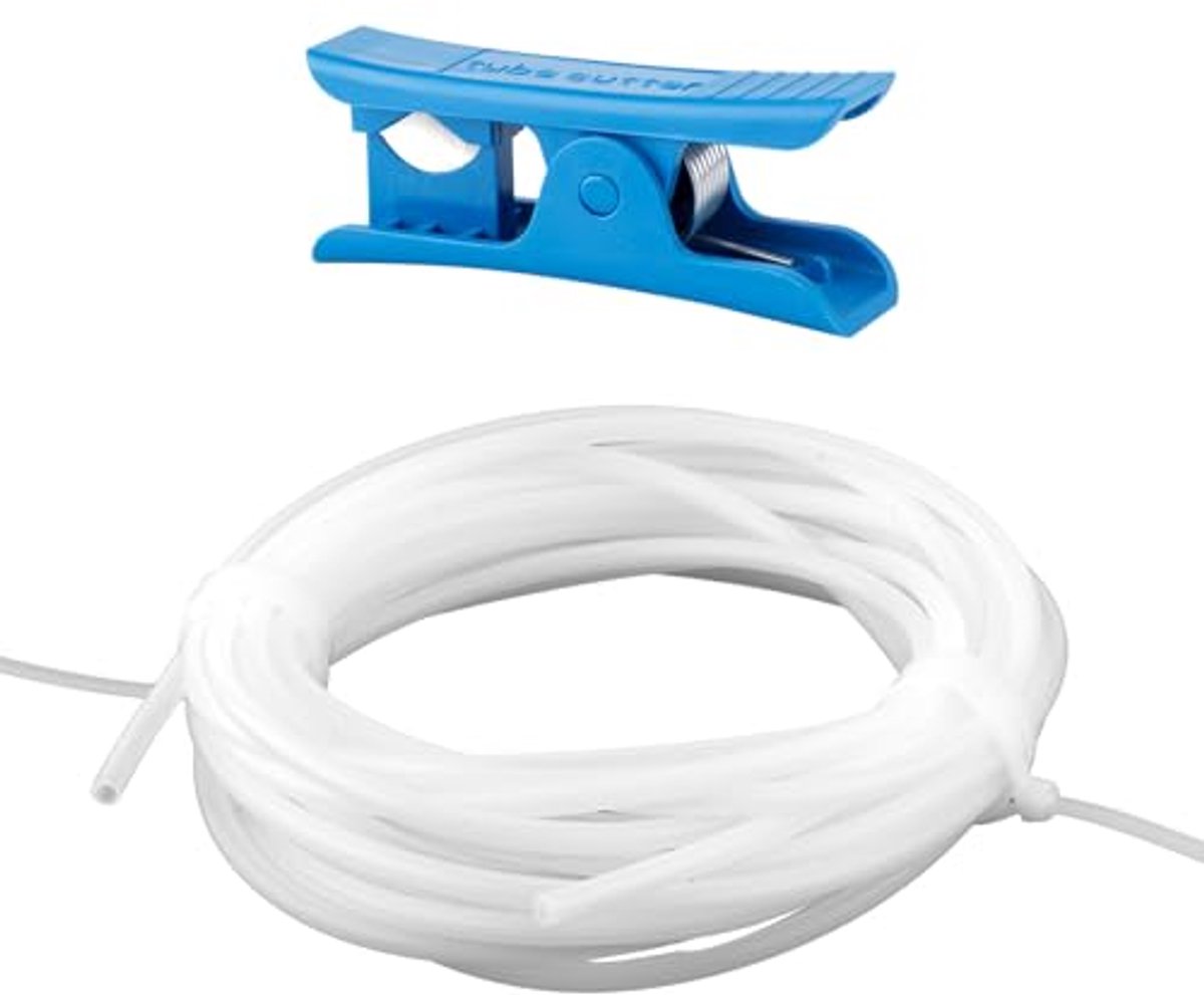 PTFE Hose with Cutter, 10m PTFE Teflon Hose ID 2.5mm OD 4mm 3D Printer PTFE Hose with Blue Cutter for Bambu Lab A1/A1 Mini/P1P/P1S/X1C Creality K1/K1 Max Ender 3 V3(White)